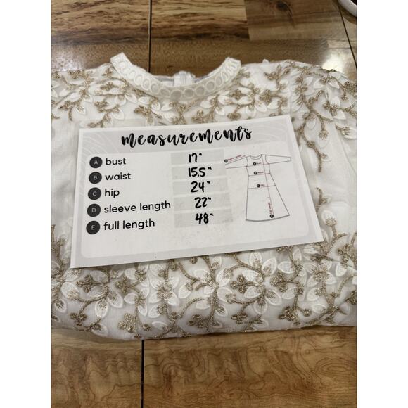 Polagram Elegant Lace Overlay Gold Embroidered Dress Size Small White Long - Picture 6 of 9
